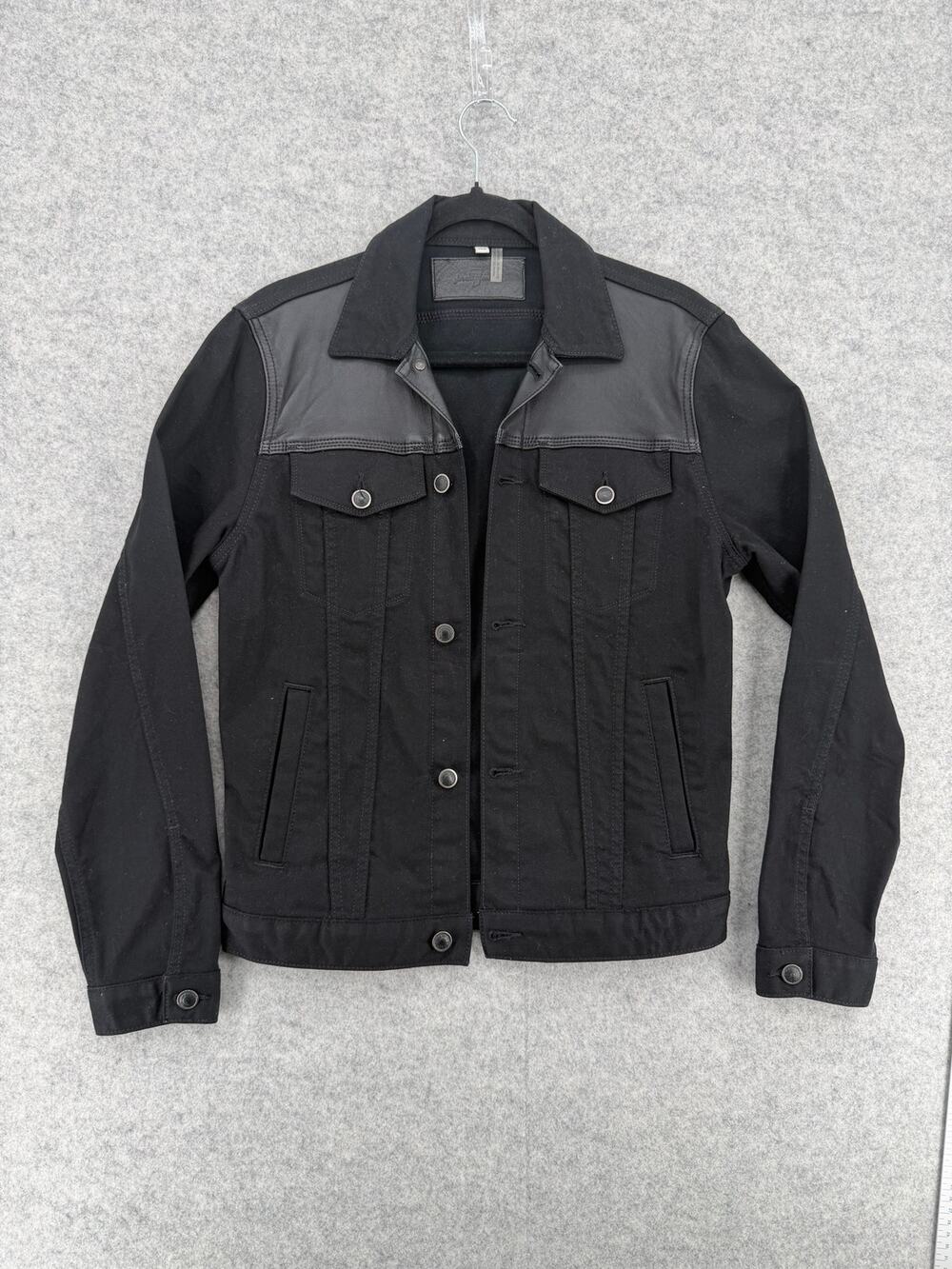7 For All Mankind Black Leather Patch Denim Trucker Jacket Size X-Small
